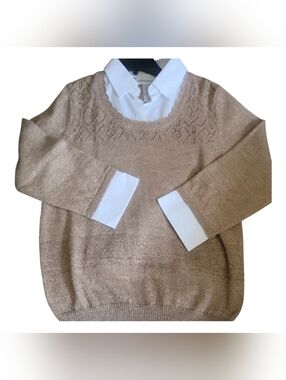 Alfred Dunner Gold Sparkle Beige White Collared Sweater - Small